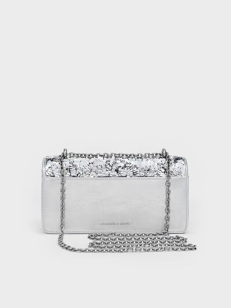Paffuto Sequinned Wallet On Chain, Silver, hi-res