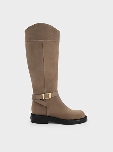 Leather & Suede Buckled-Strap Knee-High Boots, Taupe, hi-res
