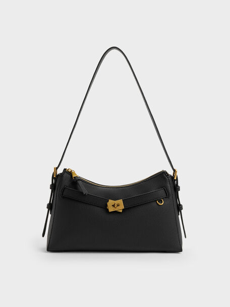 Dinora Belted Shoulder Bag, Black, hi-res