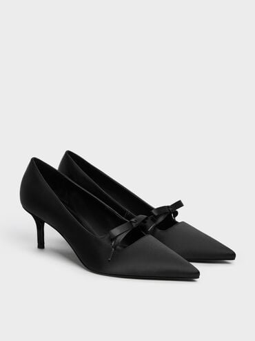 Venetia Satin Bow Pointed Pumps, Black Textured, hi-res
