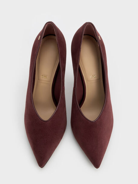 Leather & Suede Pointed Pumps, Burgundy, hi-res