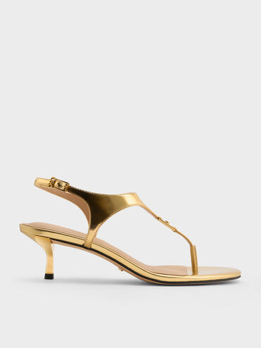 Metallic Leather Thong Kitten Heels, Gold, hi-res