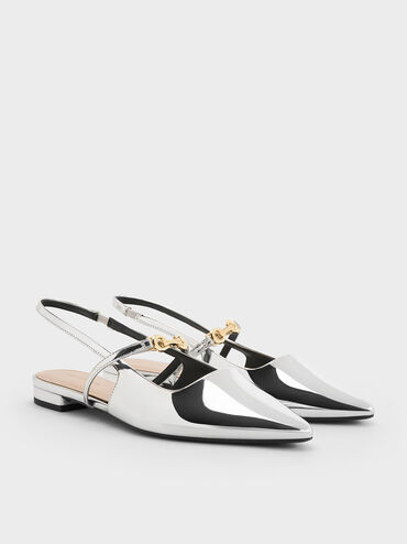 Trifina Metallic-Accent Pointed-Toe Slingback Flats, Silver, hi-res