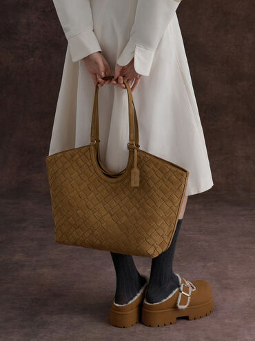 Ivette Recycled Suede Woven Tote Bag, Sahara Sand, hi-res