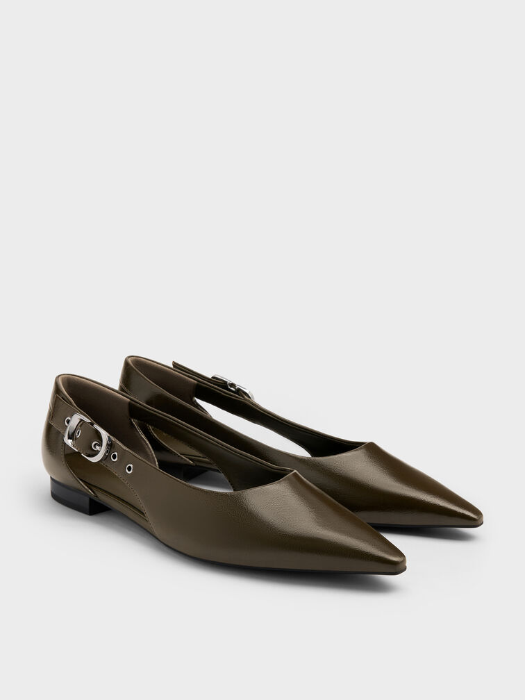 Buckled Cut-Out Ballet Flats, Olive, hi-res
