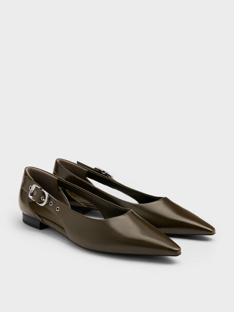 Buckled Cut-Out Ballet Flats, Olive, hi-res