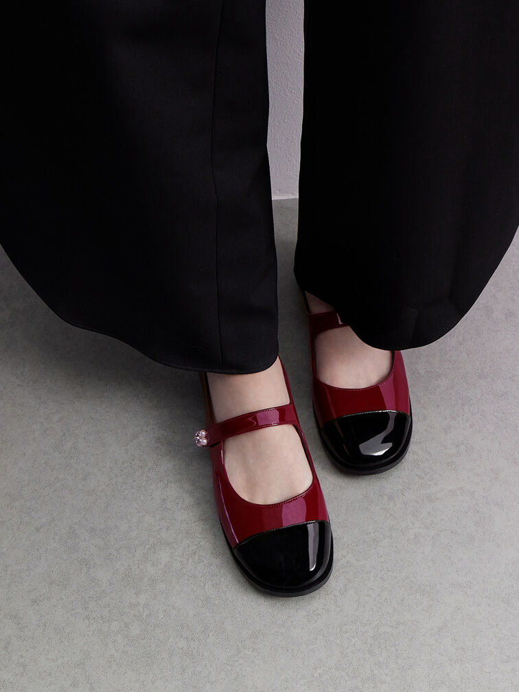 Patent Pearl-Embellished Flower-Buckle Cap-Toe Mary Janes, Maroon Patent Pearl-Embellished Flower-Buckle Cap-Toe Mary Janes, Maroon, hi-res