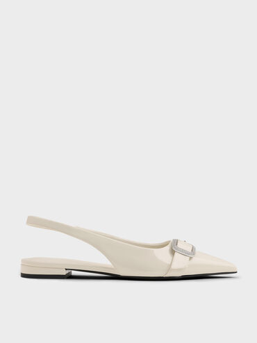 Patent Crystal-Buckle Pointed-Toe Slingback Flats, Chalk, hi-res
