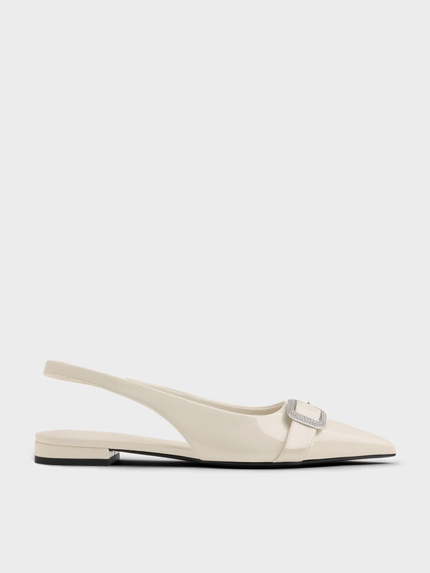 Patent Crystal-Buckle Slingback Flats, Chalk, hi-res