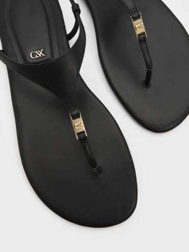 Leather T-Bar Thong Sandals, Black, hi-res