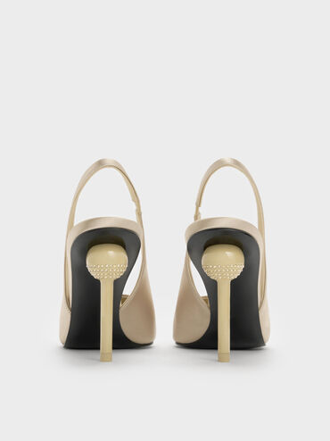 Satin Crystal-Embellished Ball-Heel Pointed-Toe Slingback Pumps, Gold, hi-res