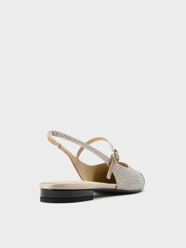 Pearl & Crystal-Embellished Cap-Toe Slingback Mary Jane Flats, Gold, hi-res