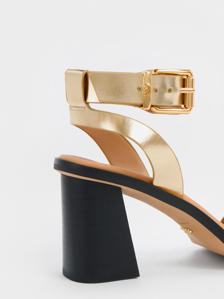 Metallic Leather Ankle-Strap Block-Heel Sandals, Gold, hi-res