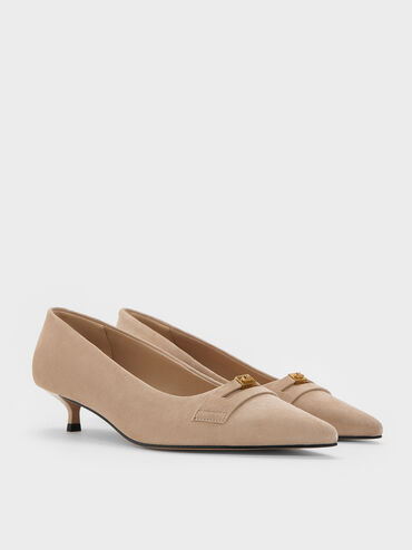 Georgina Suede Pointed-Toe Kitten-Heel Pumps, Taupe, hi-res