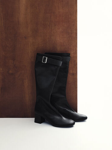 Gerry Buckled Block-Heel Knee-High Boots, Black, hi-res