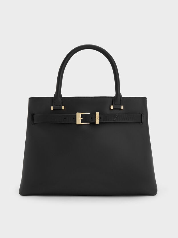 Voyager Leather Belted Tote Bag, Black, hi-res