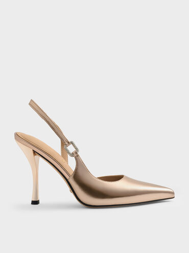 Metallic Leather Crystal-Buckle Slingback Pumps, Bronze, hi-res