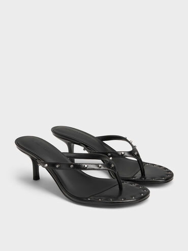Briella Studded Heeled Thong Sandals, Black, hi-res