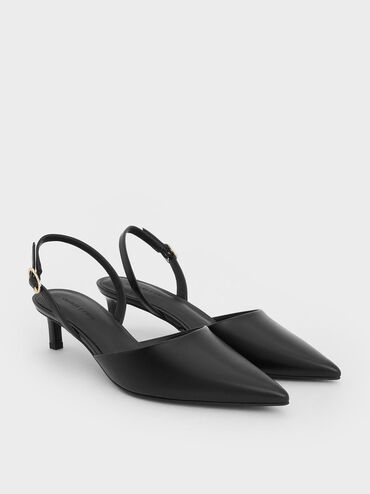 Pointed-Toe Slingback Kitten Heels, Black, hi-res