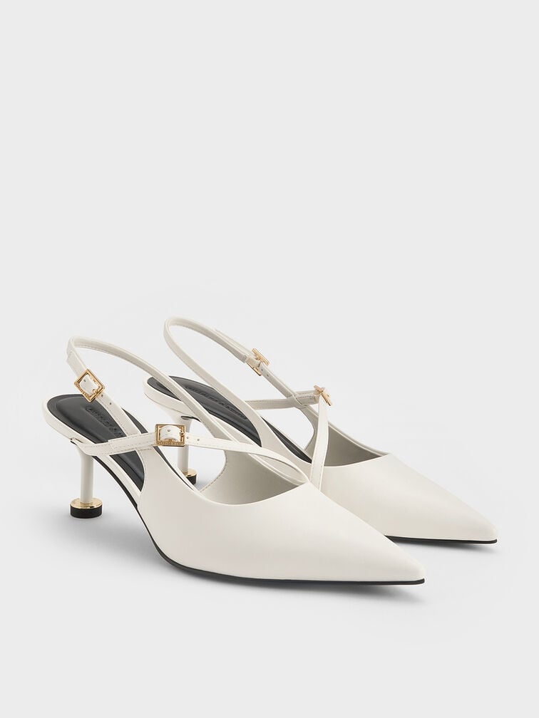 Wynn Buckled Sculptural-Heel Slingback Pumps, White, hi-res