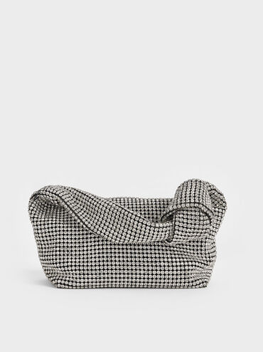 Crystal-Embellished Knotted-Strap Shoulder Bag, Silver, hi-res