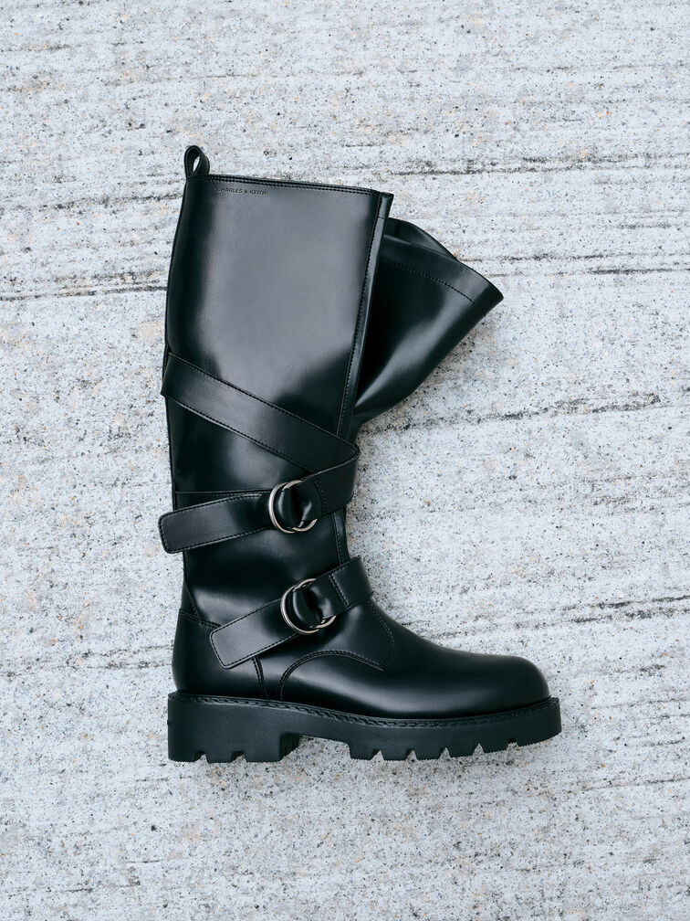 Double-Strap Knee-High Boots, Black, hi-res