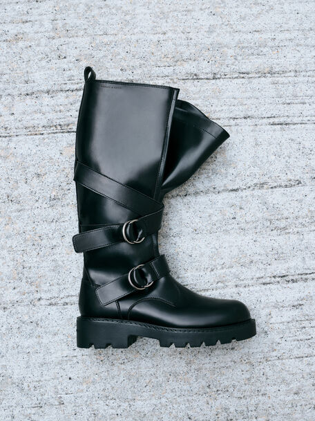 Double-Strap Knee-High Boots, Black, hi-res