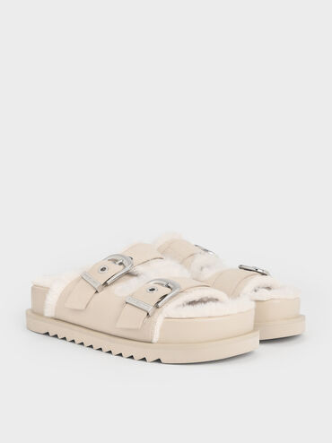 Hannah Furry Buckled Double-Strap Sandals, Beige, hi-res
