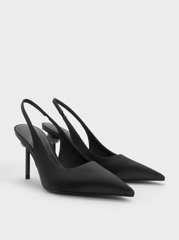 Satin Crystal-Embellished Ball-Heel Pointed-Toe Slingback Pumps, Black Textured, hi-res