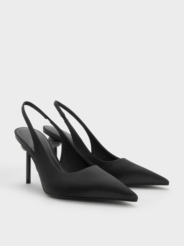 Satin Crystal Ball-Heel Slingback Pumps, Black Textured, hi-res