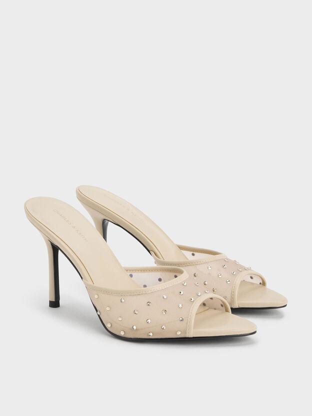 Mesh Crystal Peep-Toe Heeled Mules, Beige, hi-res