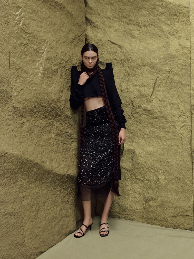 Jessy Gem-Bow Heeled Sandals, Black Textured, hi-res