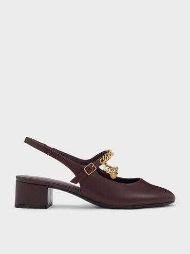 Double-Chain Charm Mary Jane Slingback Pumps, Burgundy, hi-res