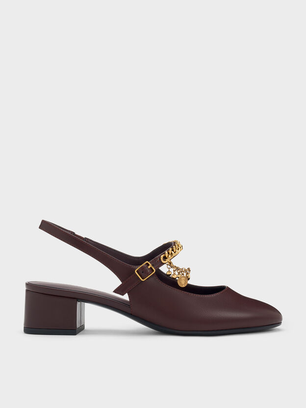 Double-Chain Charm Mary Jane Slingback Pumps, Burgundy, hi-res
