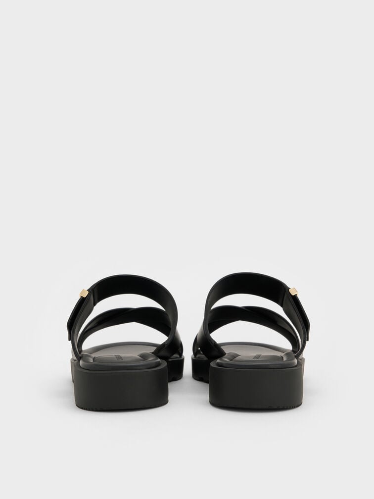 Metallic-Accent Crossover-Strap Slide Sandals, Black, hi-res