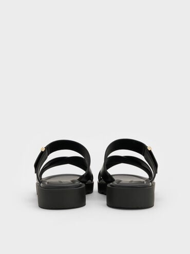 Metallic-Accent Crossover-Strap Slide Sandals, Black, hi-res