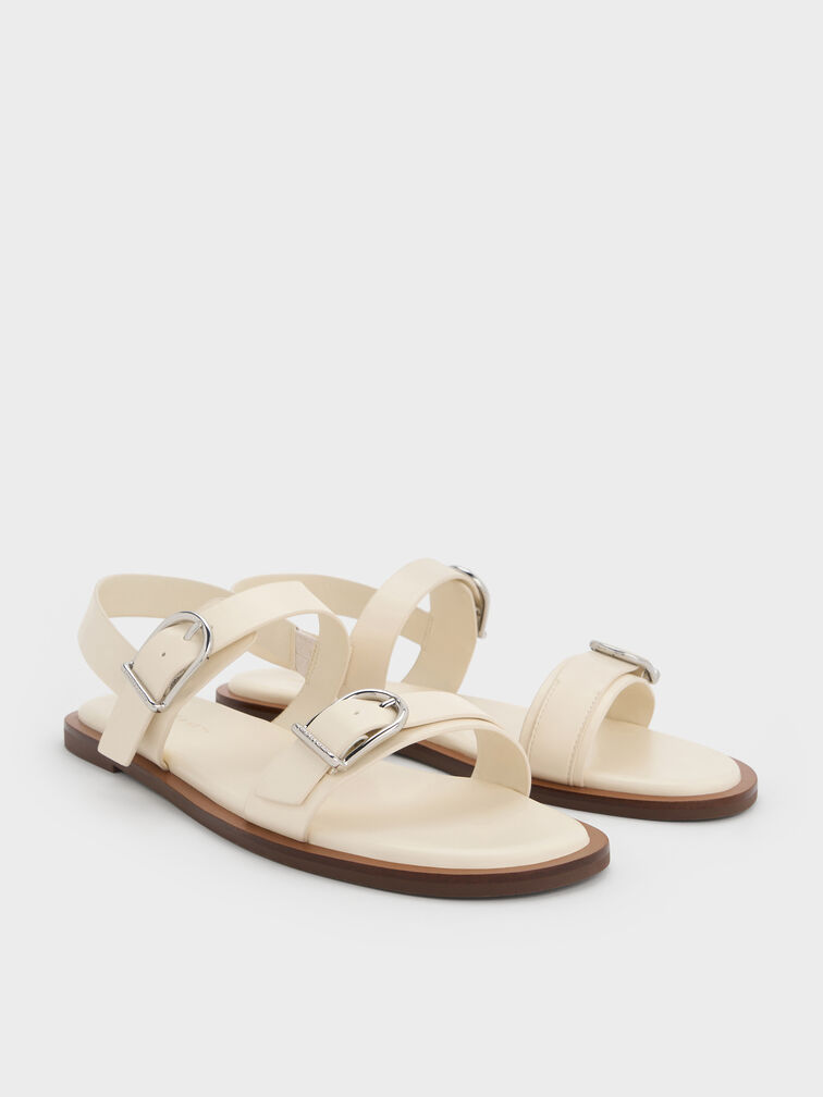 Double Buckle-Strap Slingback Sandals, Cream, hi-res