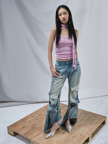 Metallic Crinkle-Effect Pointed-Toe High-Vamp Slingback Pumps, Silver, hi-res