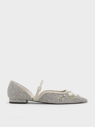 Twill Bead-Flower Pointed-Toe D'Orsay Mary Jane Flats, Grey, hi-res
