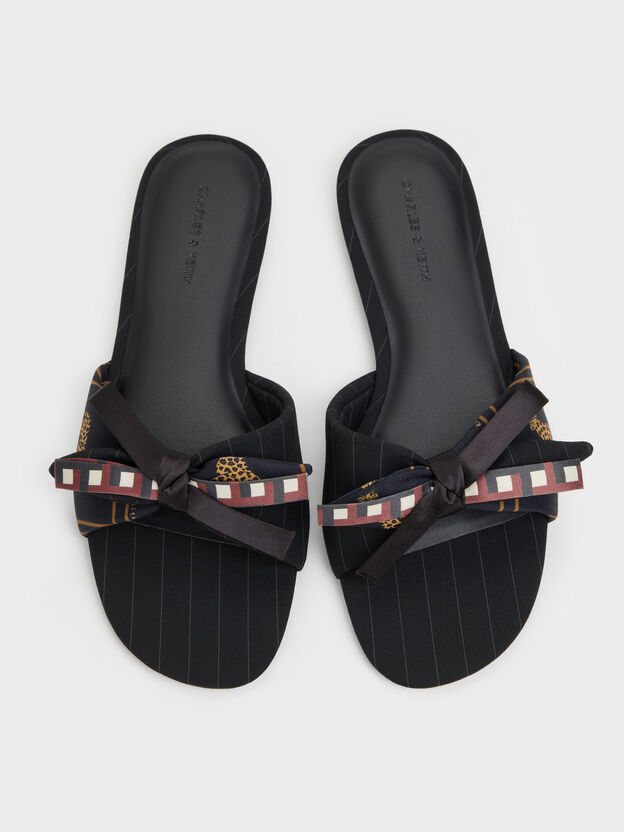 Satin Printed Bow Slide Sandals, Black Textured, hi-res