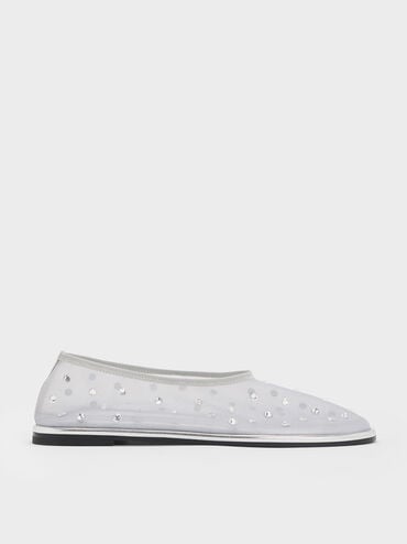 Mesh Gem-Embellished Ballet Flats, Silver, hi-res