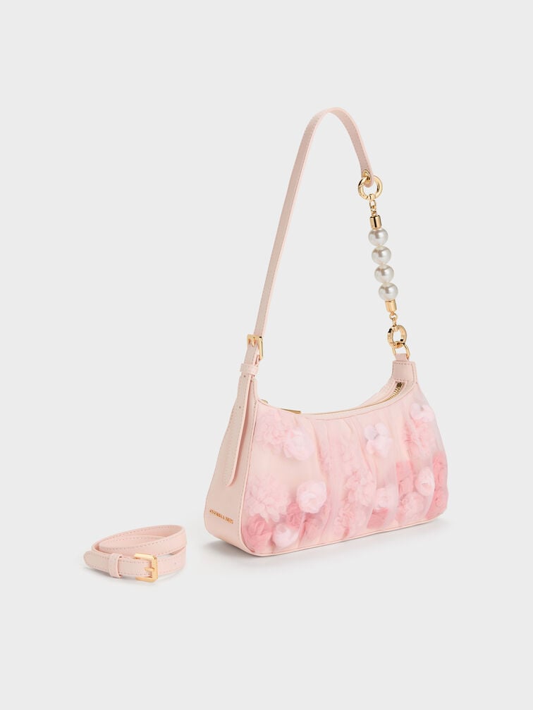 Gift Set: Floral-Mesh Pearl-Strap Shoulder Bag, Light Pink, hi-res