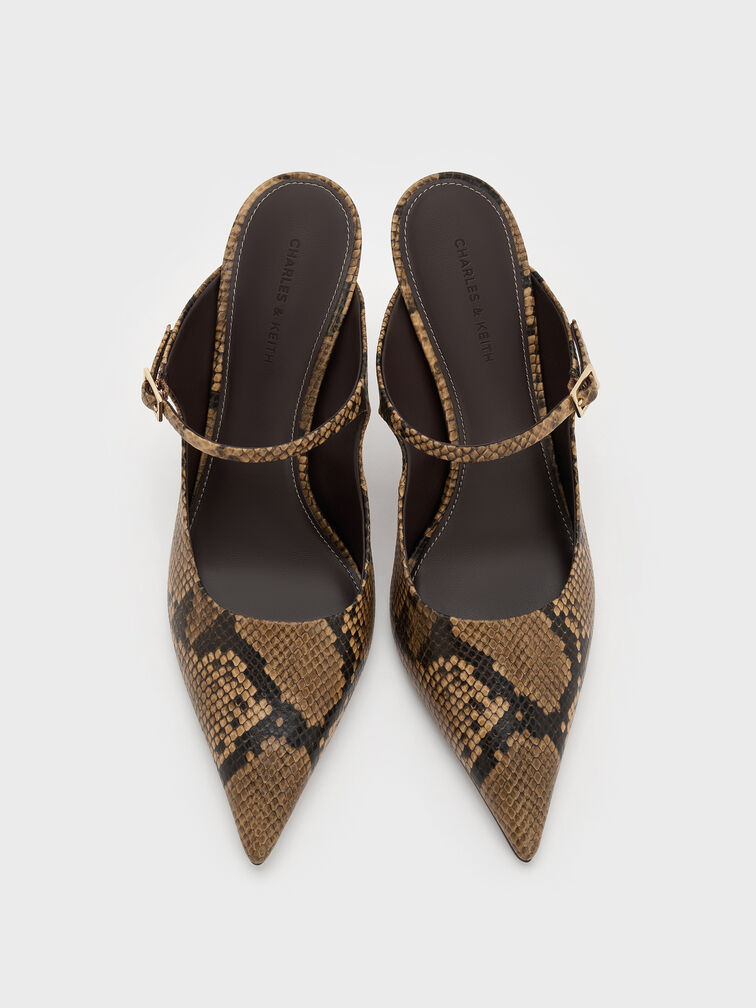 Snake-Print Buckle-Strap Mules, Animal Print Natural, hi-res