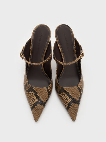 Snake-Print Buckle-Strap Mules, Animal Print Natural, hi-res