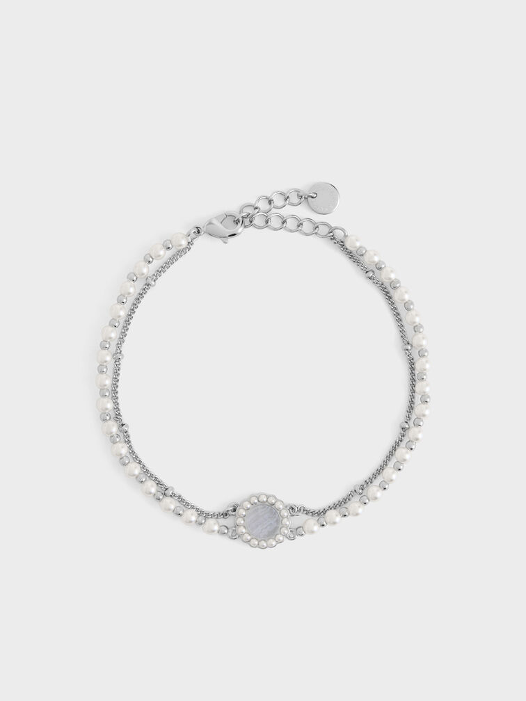 Pearl & Gemstone Double-Chain Bracelet, Light Blue, hi-res