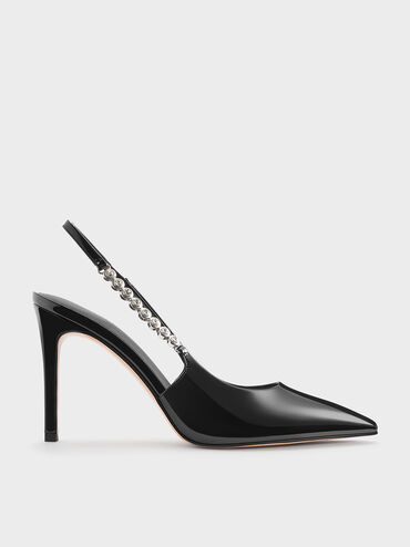Flores Patent Gem-Strap Slingback Pumps, Black Patent, hi-res