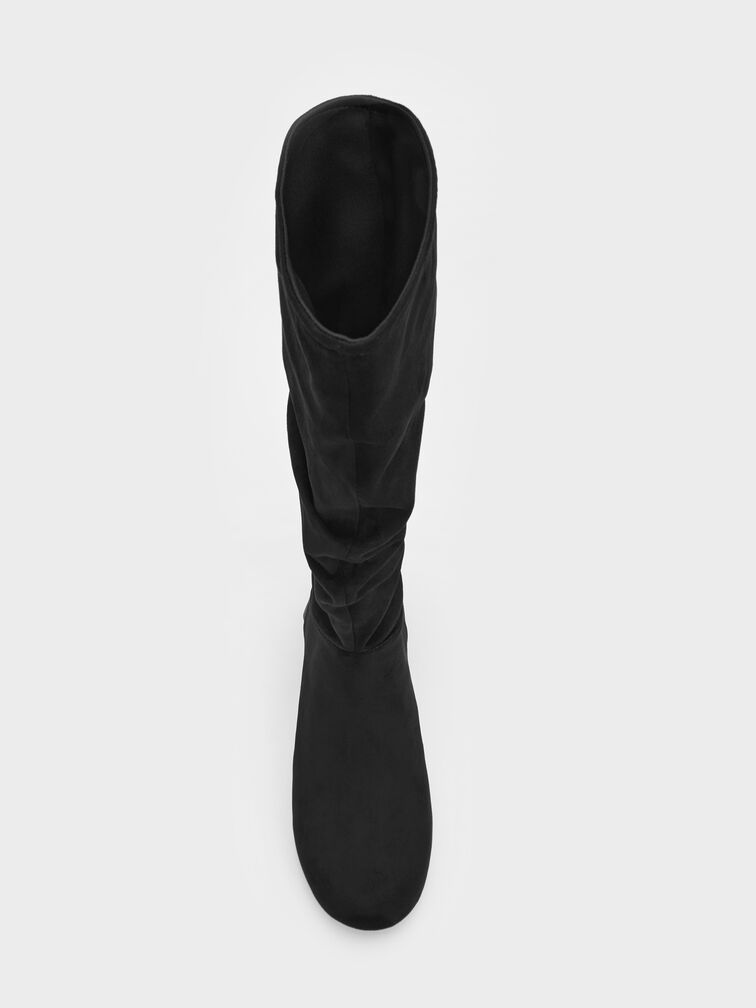 Faux Suede Ruched Knee-High Boots, Black Textured, hi-res