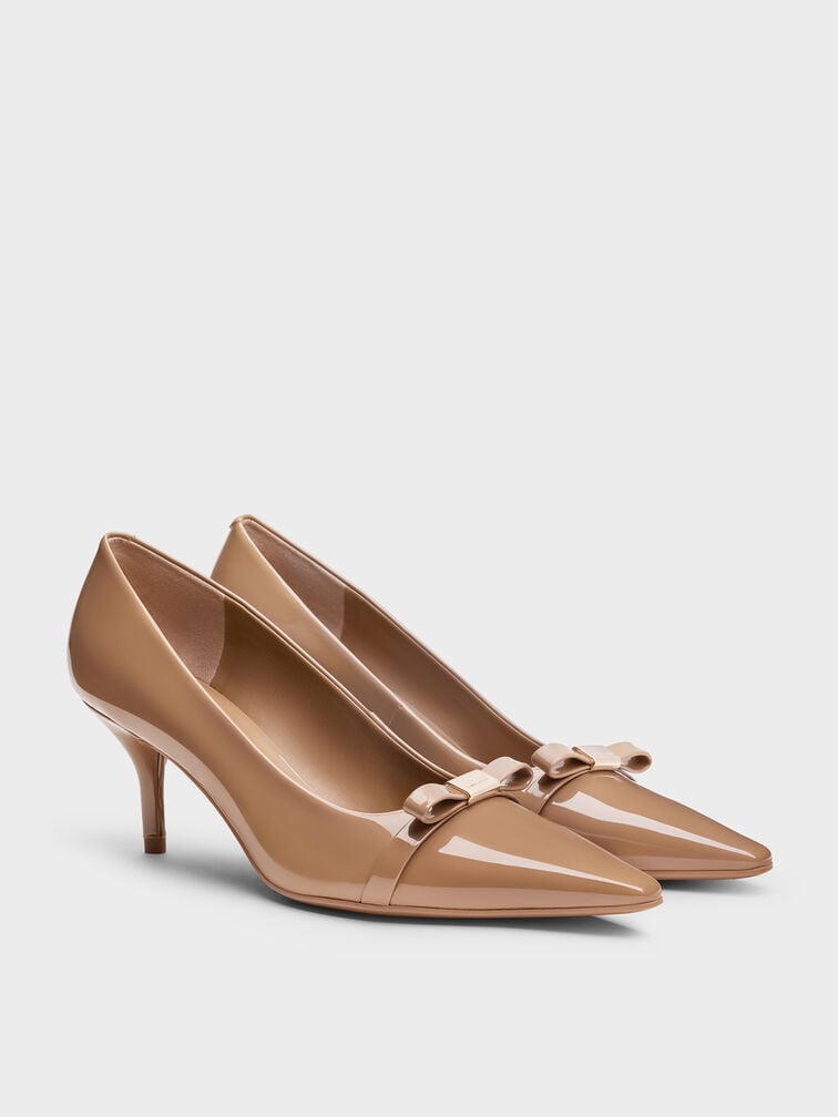 Dorian Patent Bow Pointed-Toe Stiletto-Heel Pumps, Caramel, hi-res