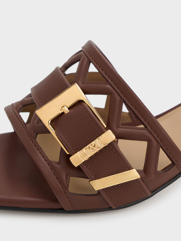 Whitney Leather Cut-Out Heeled Mules, Brown, hi-res