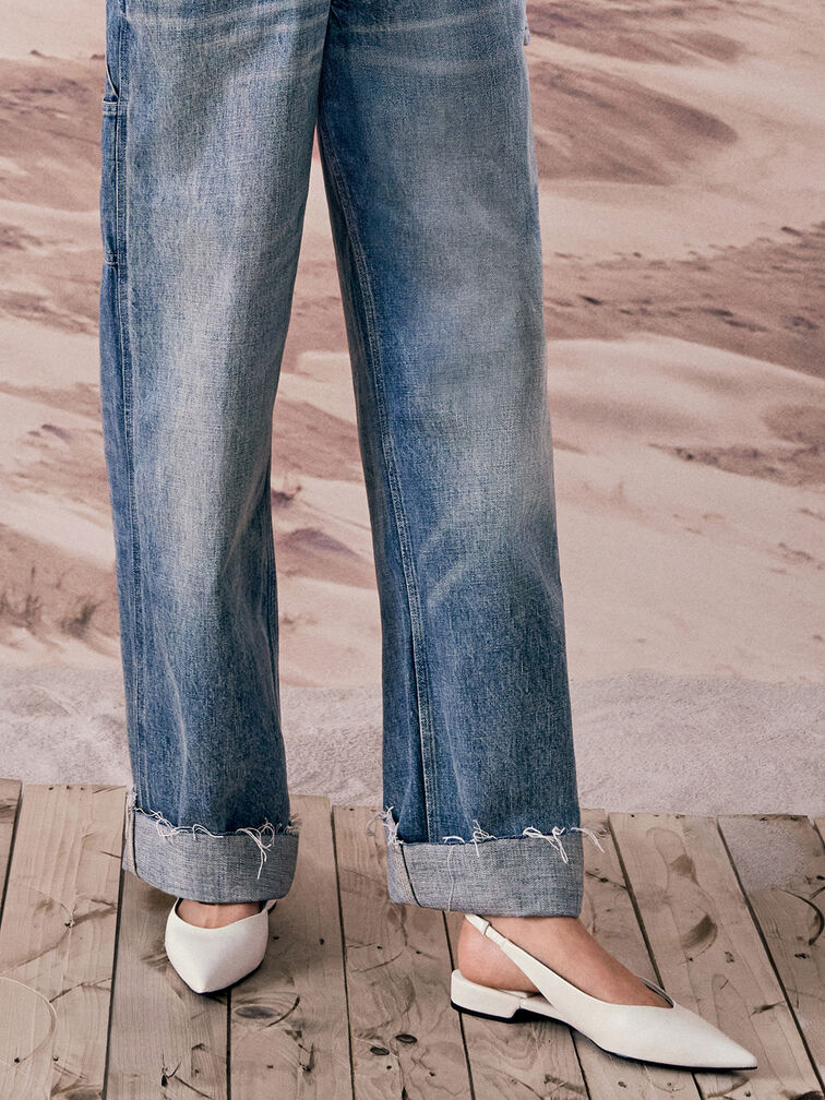 Pointed-Toe High-Vamp Slingback Flats, White, hi-res